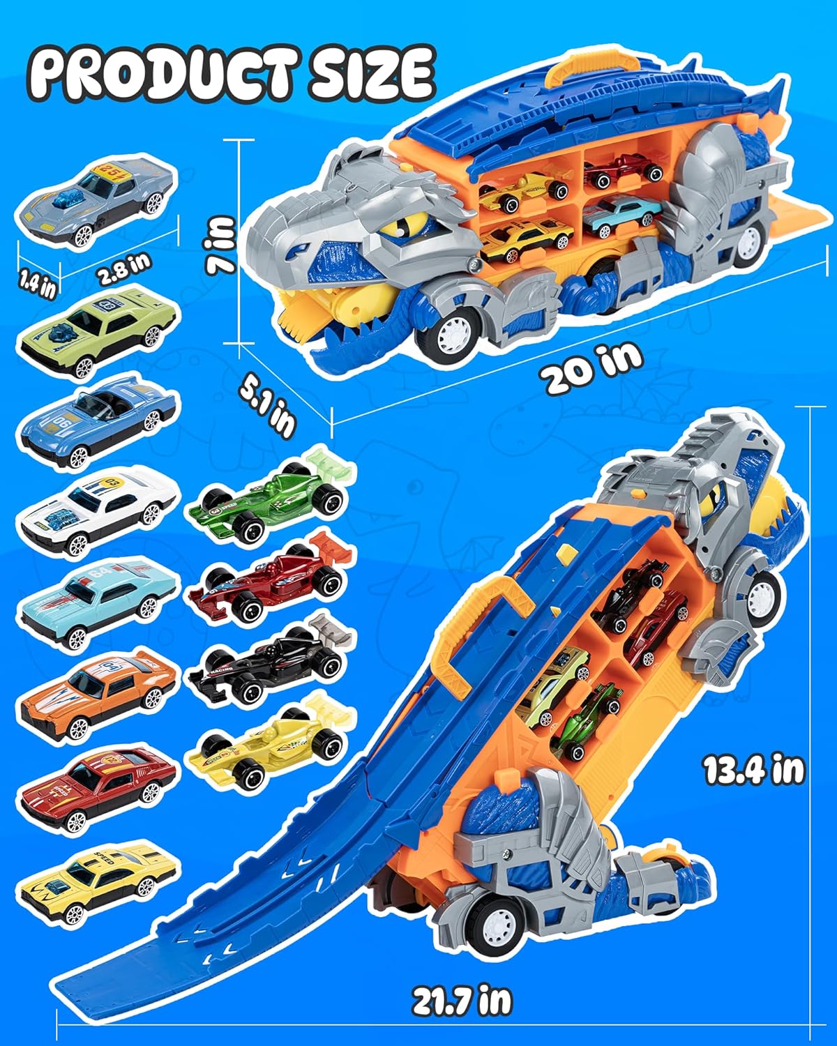 Dinosaur Truck Carrier Toy: 13-in-1 Foldable Race Track Set with 12 Cars & Sounds! 🦖🚚🏁🎁