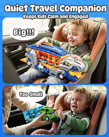 Dinosaur Truck Carrier Toy: 13-in-1 Foldable Race Track Set with 12 Cars & Sounds! 🦖🚚🏁🎁