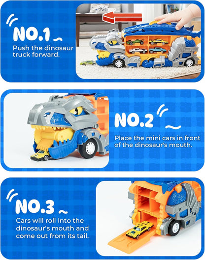 Dinosaur Truck Carrier Toy: 13-in-1 Foldable Race Track Set with 12 Cars & Sounds! 🦖🚚🏁🎁
